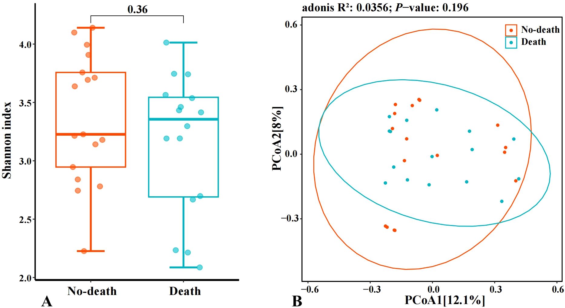 Box plot and scatter plot illustrating microbial diversity and composition. The box plot on the left compares Shannon index values between “No-death” and “Death” groups, showing similar median values around three, with a noted p-value of 0.36. The scatter plot on the right shows two overlapping ellipses representing microbial composition, with “No-death” in orange and “Death” in turquoise, alongside an R-squared value of 0.0356 and p-value of 0.196.