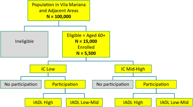 Flowchart of population in Vila Mariana and adjacent areas. Total population is one hundred thousand. Fifteen thousand are eligible, aged sixty-plus. Five thousand five hundred enrolled. Categories include IC Low and IC Mid-High, with subcategories of participation and no participation, leading to IADL high or low-mid.