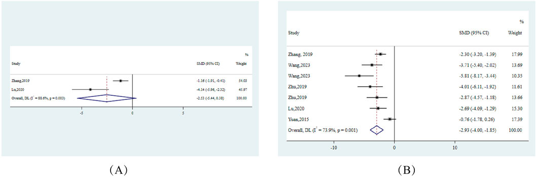 Panel A shows a forest plot with two studies, Zhang 2019 and Lu 2020, and an overall SMD of -2.53 with significant heterogeneity (I² = 88.6%, p = 0.003). Panel B displays a forest plot with seven studies, including Zhang 2019, Wang 2023, and others, with an overall SMD of -2.93 and heterogeneity (I² = 73.9%, p = 0.001). Each study lists SMD with confidence intervals and percentage weight.
