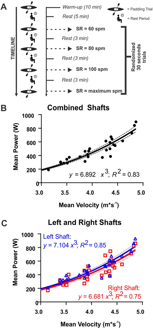 Diagram and charts outlining a study on paddling trials. Panel A depicts a timeline of randomized 30-second trials, including warm-up, rest periods, and stroke rates from sixty to maximum strokes per minute. Panel B shows a scatter plot of mean power versus mean velocity for combined shafts with the trend line equation \( y = 6.892x^3 \), \( R^2 = 0.83 \). Panel C presents similar data for left and right shafts, with equations for left shaft \( y = 7.104x^3 \), \( R^2 = 0.85 \) and right shaft \( y = 6.681x^3 \), \( R^2 = 0.75 \).