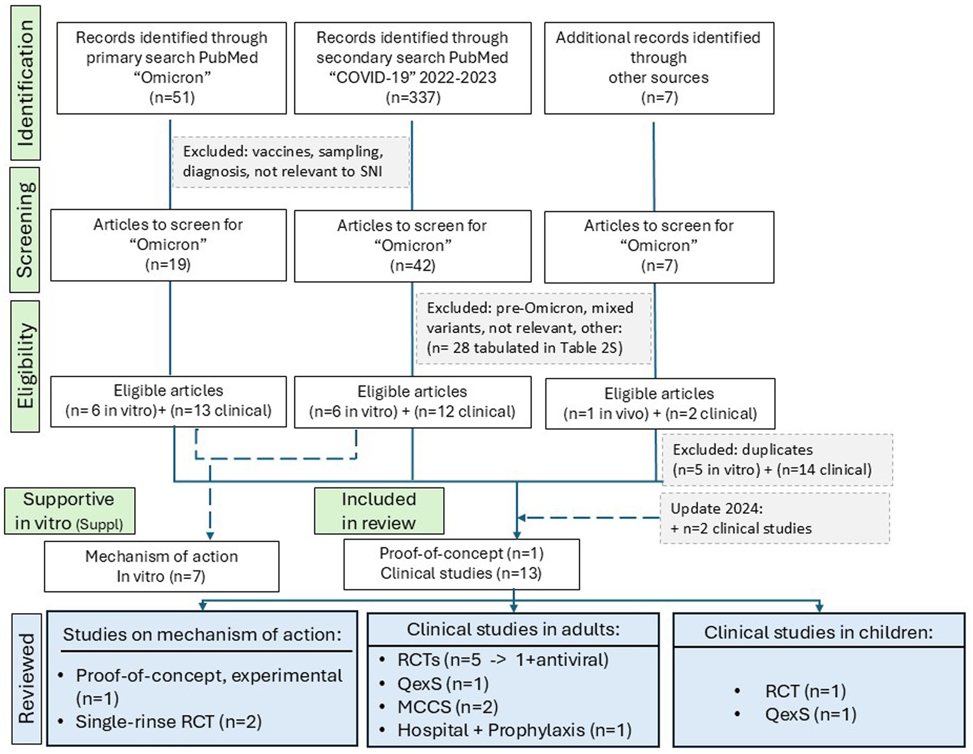 Flowchart depicting a systematic review process. It outlines three stages: Identification, Screening, and Eligibility. - **Identification**: Records identified include 51 from PubMed search for “Omicron”, 337 from “COVID-19” search, and 7 from other sources. Exclusions: irrelevant to SNI, vaccines, etc. - **Screening**: Articles screened resulted in 19, 42, and 7 for “Omicron” across three groups. Exclusions: pre-Omicron, mixed variants.- **Eligibility**: Eligible articles include in vitro and clinical studies. Duplicate exclusion noted. 2 more studies included during update 2024. Reviewed studies include mechanisms of action and clinical studies with saline nasal irrigation and/or gargling in adults and children.
