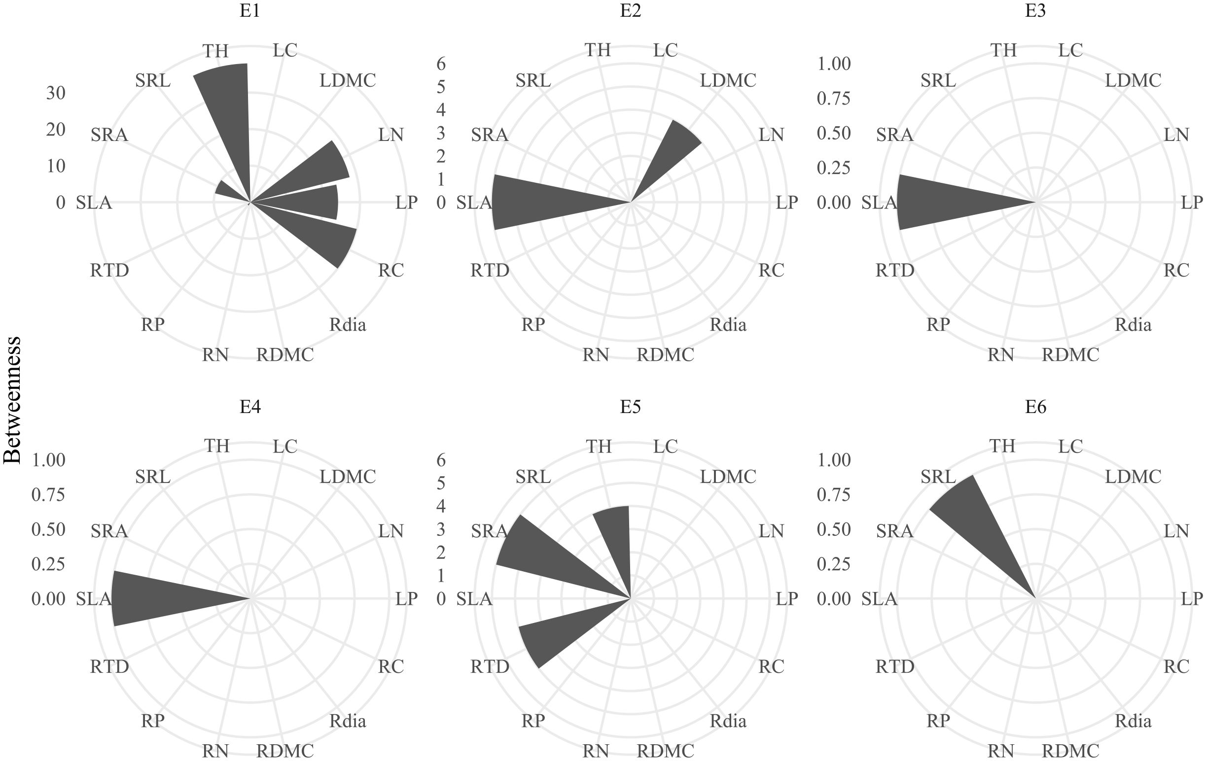 Six radar charts labeled E1 to E6 compare attributes TH, LC, LDMC, LN, LP, RC, Rdia, RDMC, RN, RP, RTD, SLA, SRA, and SRL. Each chart shows varying betweenness values, with dark segments highlighting prominent attributes.