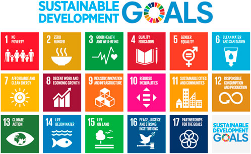 Grid displaying the 17 Sustainable Development Goals with icons: No Poverty, Zero Hunger, Good Health and Well-being, Quality Education, Gender Equality, Clean Water and Sanitation, Affordable and Clean Energy, Decent Work and Economic Growth, Industry, Innovation and Infrastructure, Reduced Inequalities, Sustainable Cities and Communities, Responsible Consumption and Production, Climate Action, Life Below Water, Life on Land, Peace, Justice and Strong Institutions, Partnerships for the Goals. Title at top: