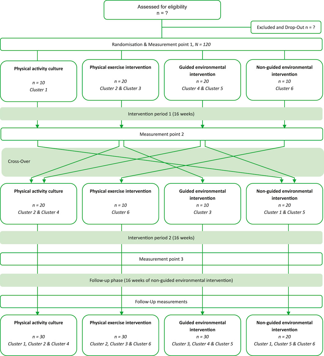 Study design- CONSORT Flow-Diagram of the PROGRESS project. Participants are assessed for eligibility and then randomized into four groups: Physical Activity Culture, Physical Exercise Intervention, Guided Environmental Intervention, and Non-guided Environmental Intervention. Each group undergoes a 16-week intervention, followed by a crossover phase, a second 16-week intervention, and a 16-week follow-up. Measurement points occur at various stages, leading to a final analysis with each group having thirty participants. Note: The power calculation determined that a total of 116 participants were required. To improve traceability, this number has been rounded up to 120.