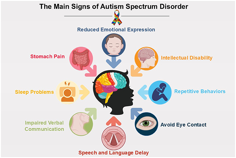 Main signs of Autism Spectrum Disorder are illustrated around a brain silhouette. They include reduced emotional expression, intellectual disability, repetitive behaviors, avoiding eye contact, speech and language delay, impaired verbal communication, sleep problems, and stomach pain.
