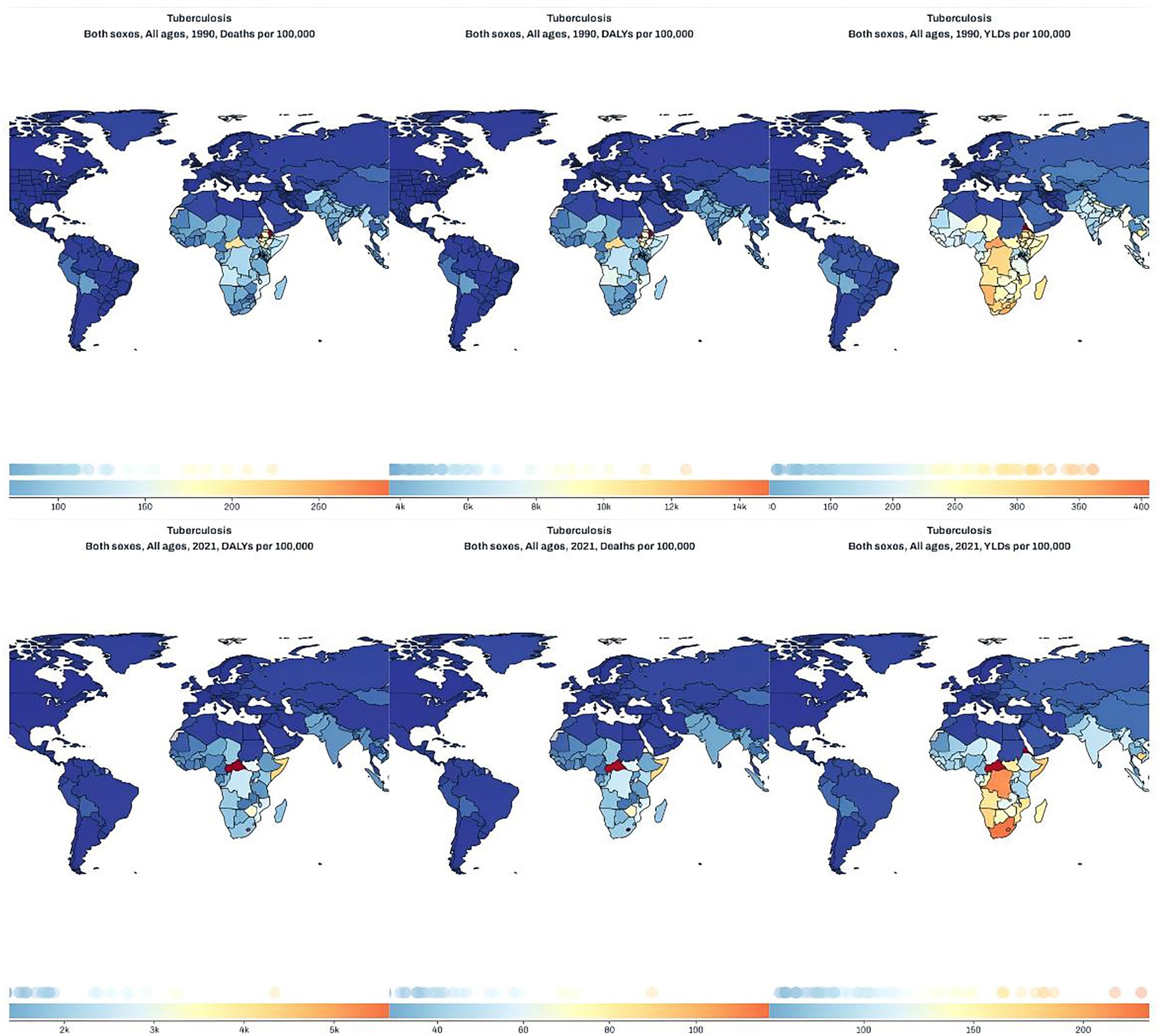 Comparison of world maps illustrating tuberculosis impact. Top row from 1990 shows deaths, DALYs, and YLDs per 100,000. Bottom row from 2021 depicts the same metrics. Darker shades indicate higher rates, with noticeable concentration in Africa and parts of Asia. Color scales at the bottom denote intensity.