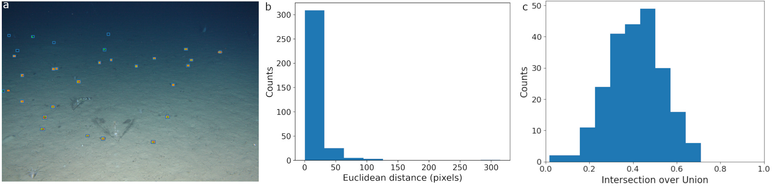 Underwater scene with marked objects and two histograms. Image a shows a seabed with colored squares highlighting objects. Chart b displays counts of Euclidean distances, with most values near zero. Chart c displays counts for intersection over union values, peaking around 0.5.