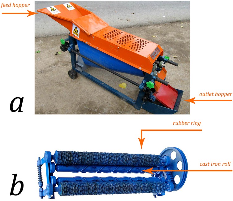 Agricultural machine with labeled parts: Image a shows a machine featuring a feed hopper and an outlet hopper. Image b displays two parallel rollers, labeled as having rubber rings and cast iron rolls.