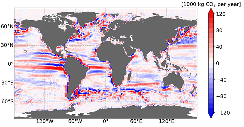 Figure 3 - A global map showing how eddies affect the amount of CO2 that the ocean absorbs or releases.