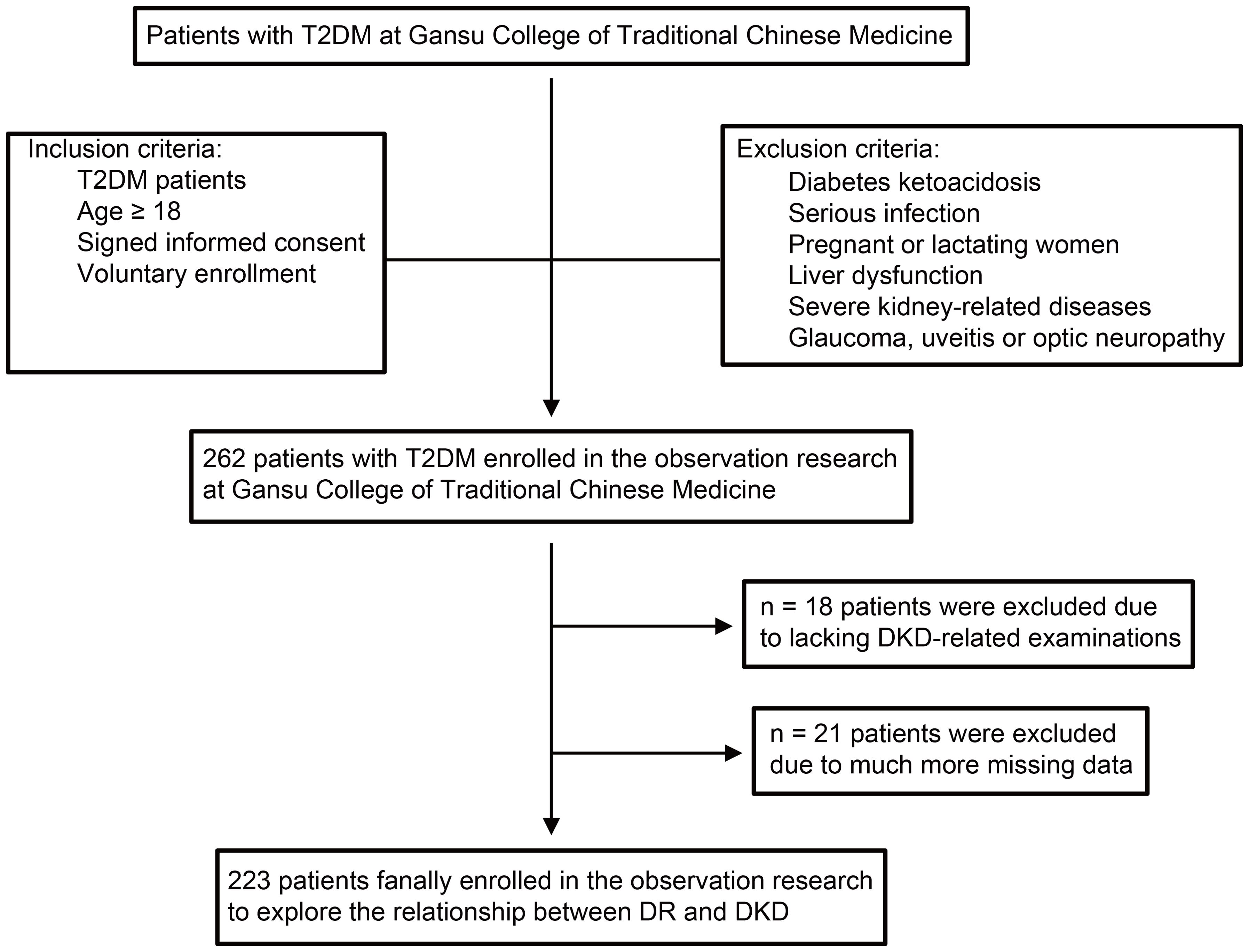 Flowchart illustrating patient selection for a study at Gansu College of Traditional Chinese Medicine. It includes inclusion and exclusion criteria for patients with Type 2 Diabetes Mellitus (T2DM). Initially, 262 patients were enrolled; 18 were excluded for lacking diabetic kidney disease (DKD) examinations, and 21 for missing data. Ultimately, 223 patients participated to explore the relationship between diabetic retinopathy (DR) and DKD.