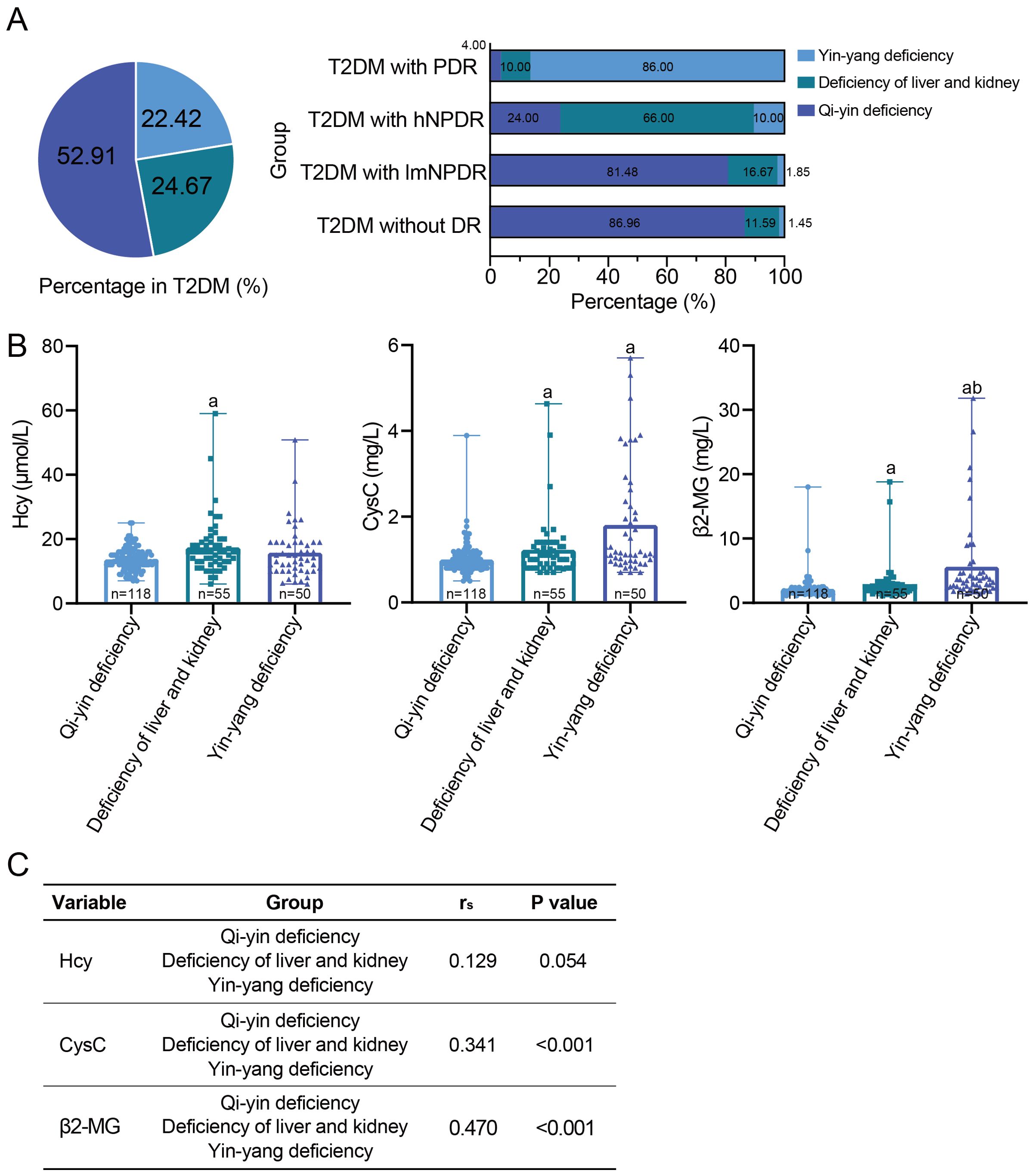 Chart A shows a pie chart and a bar chart about percentages in Type 2 Diabetes Mellitus (T2DM) groups, including different deficiency types. Chart B features three scatter plots with box plots comparing levels of HCy, CysC, and β2-MG among deficiency types, with sample sizes indicated. Chart C presents a table of variables, groups, correlation coefficients, and P values for statistical analysis.