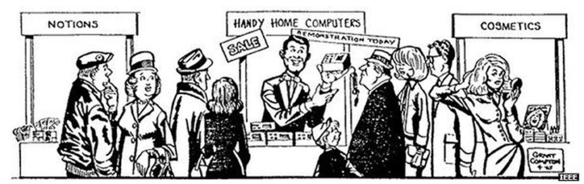 Crowd of people at a shopping expo featuring a sign for “Handy Home Computers.” A salesman holds a device with attendees watching. Surrounding booths for “Notions” and “Cosmetics” are visible, highlighting the mix of products.