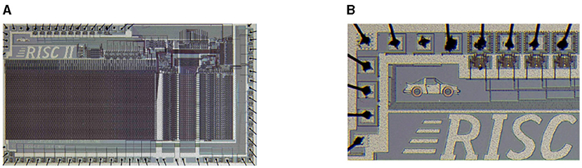 Close-up views of the RISC II microchip. Panel A shows the overall layout with intricate circuit details. Panel B highlights an area with a small car illustration above the word “RISC,” surrounded by additional circuit details.