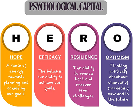 Graphic illustrating the concept of Psychological Capital with the acronym HERO. “Hope” emphasizes planning and achieving goals; “Efficacy” highlights belief in success; “Resilience” focuses on overcoming challenges; “Optimism” involves positive thinking about future success.