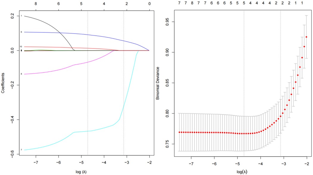 Two-panel visualization of a LASSO regression analysis. The left panel shows coefficient paths for different predictors plotted against log lambda values, with lines diverging as log lambda decreases. The right panel displays binomial deviance versus log lambda, with red dots indicating error measures and vertical lines showing error bars, particularly widening as log lambda decreases.