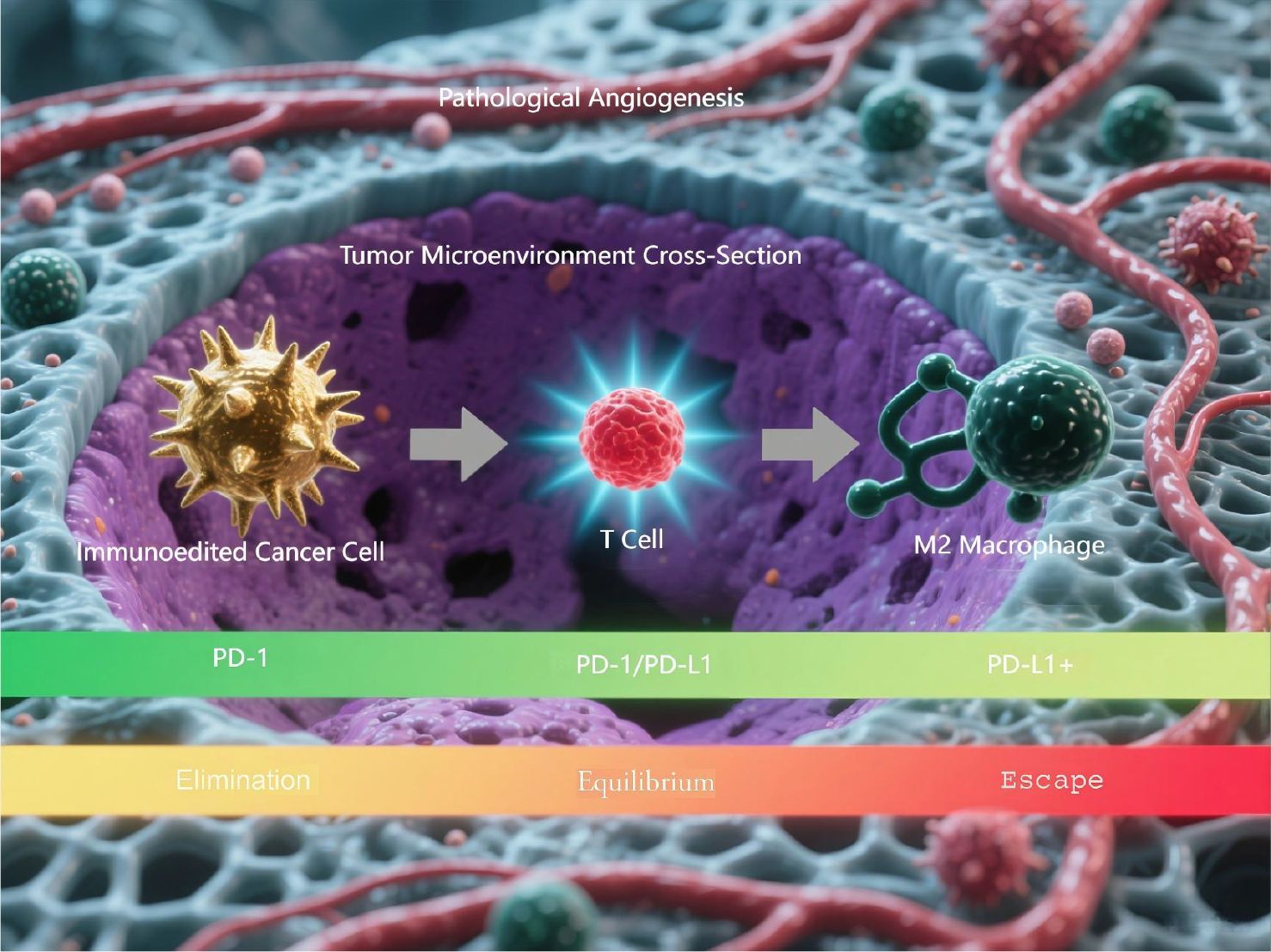 Cross-section illustration of a tumor microenvironment with labels. An immunoedited cancer cell interacts with a T cell and an M2 macrophage. Arrows indicate a progression from elimination to equilibrium to escape. A gradient bar shows PD-1, PD-1/PD-L1, and PD-L1+ stages beneath the illustration. “Pathological Angiogenesis” is labeled at the top.