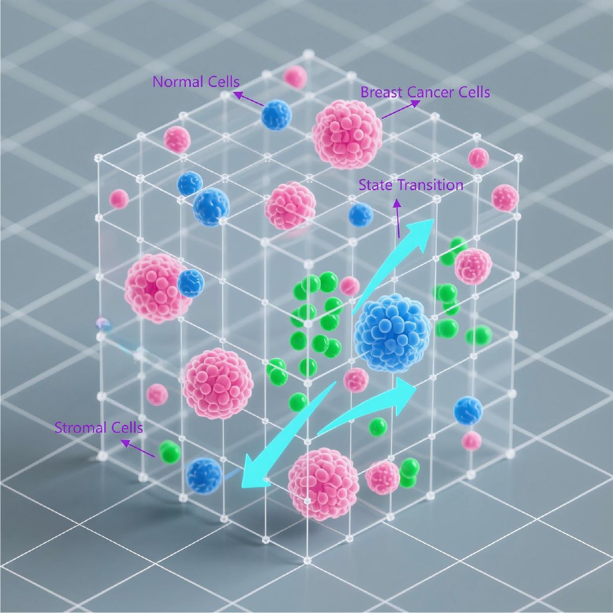 Illustration of a three-dimensional grid depicting various cell types: pink spheres for breast cancer cells, blue for normal cells, and green for stromal cells. Arrows indicate state transition between cells, emphasizing interactions within the microenvironment.