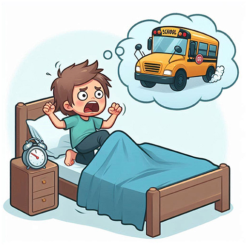 A cartoon of a shocked boy sitting up in bed, with a thought bubble showing a school bus labeled "SCHOOL" driving away. An alarm clock displays a time of seven o'clock on a bedside table.