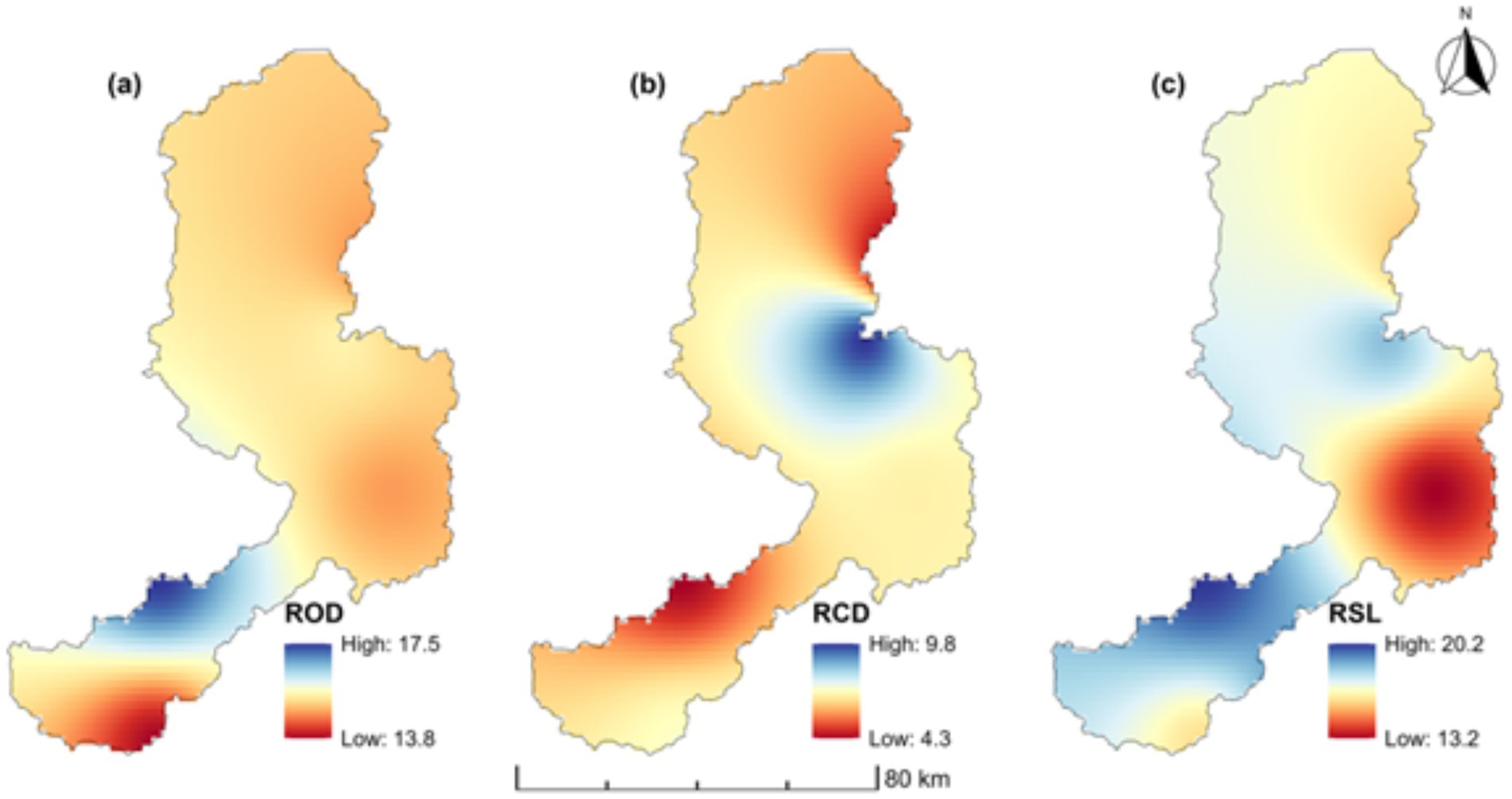 Three maps labeled (a), (b), and (c) show different data distributions. Each map uses a gradient from blue (low values) to red (high values). Map (a), labeled ROD, shows values from 13.8 to 17.5. Map (b), labeled RCD, ranges from 4.3 to 9.8. Map (c), labeled RSL, ranges from 13.2 to 20.2. A scale of 80 km is included, with a north directional indicator.