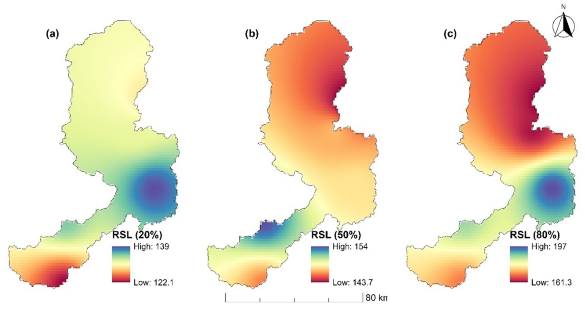 Three maps (a, b, c) show the probability of exceedance for Rainfall Seasonal Length (RSL) at 20%, 50%, and 80% levels across the Little Ruaha catchment. A color gradient from blue (shorter season) to red (longer season) represents the RSL in days. Map scales and a north arrow are provided for reference. (Note: Specific high/low values should be taken from the actual figure, as the provided text values seem erroneous).