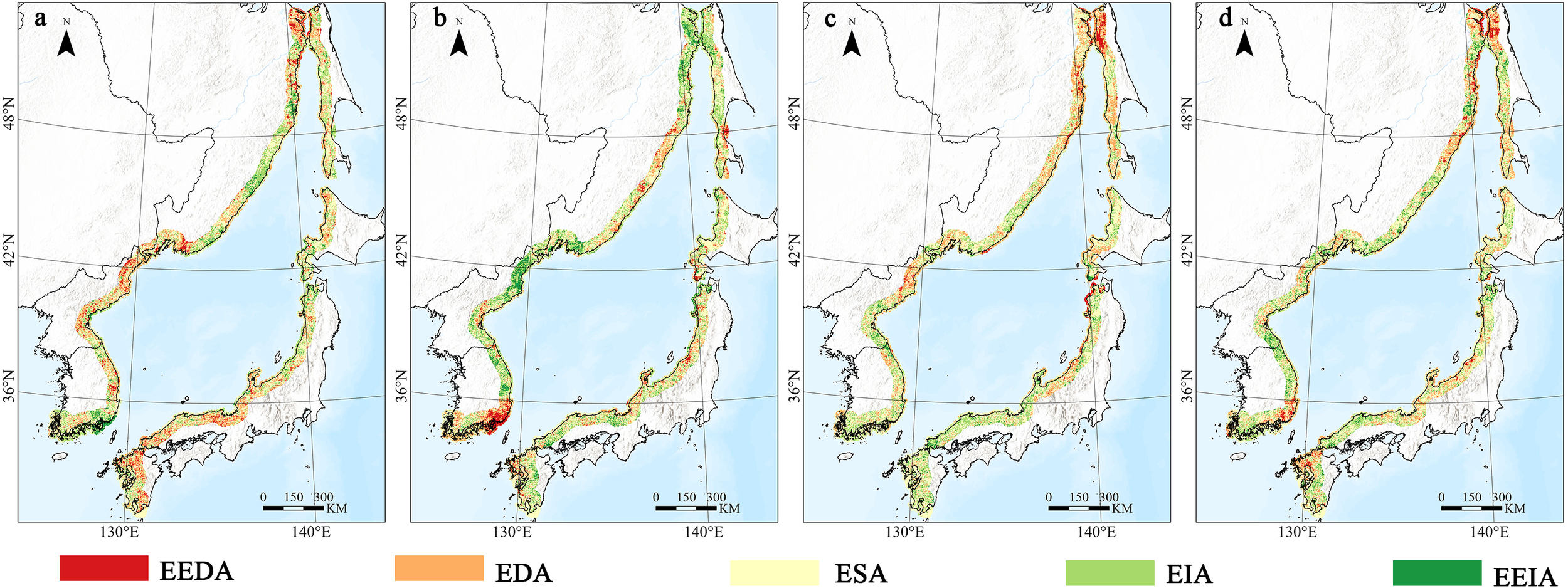 Four maps of Japan and surrounding areas show different classifications indicated by color codes: EEDA (red), EDA (orange), ESA (yellow), EIA (light green), and EEIA (dark green). Each map is marked with letters a, b, c, and d, displaying variations in the geographical spread and density of these categories along the coastline. A scale indicates distances in kilometers.
