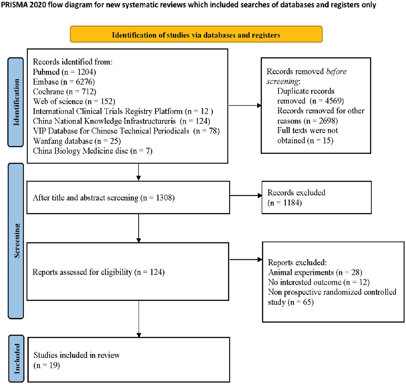 PRISMA 2020 flow diagram for systematic reviews of databases and registers. Identification phase includes 8 sources with 9,282 records, 4,569 duplicates removed. Screening phase shows 1,308 records; 1,184 excluded. Eligibility phase has 124 reports; excludes 105 for specific reasons. Inclusion phase concludes with 19 studies.