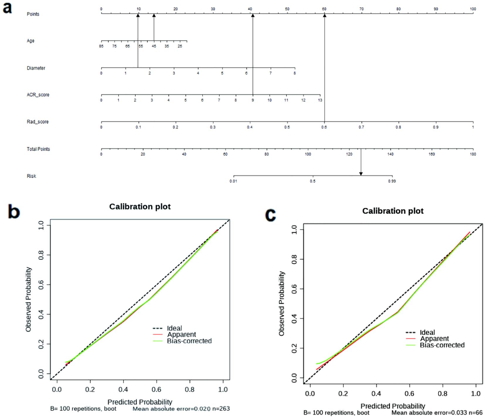 Panel a shows a nomogram with scales for age, diameter, ACR score, Rad score, and total points predicting risk. Panel b features a calibration plot comparing predicted and observed probabilities with ideal, apparent, and bias-corrected lines. Panel c displays another calibration plot with a similar setup.