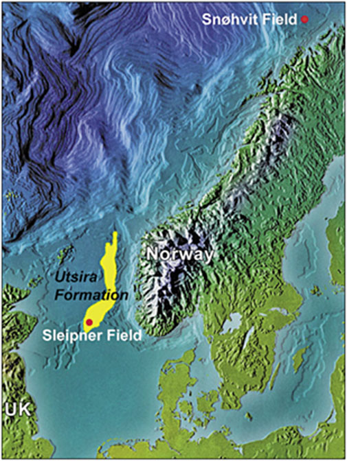 Map showing parts of Norway and the UK with highlighted areas. The Sleipner Field is marked in yellow in the North Sea near Norway, and the Snøhvit Field is indicated by a red dot further north. The Utsira Formation is labeled near the Sleipner Field.