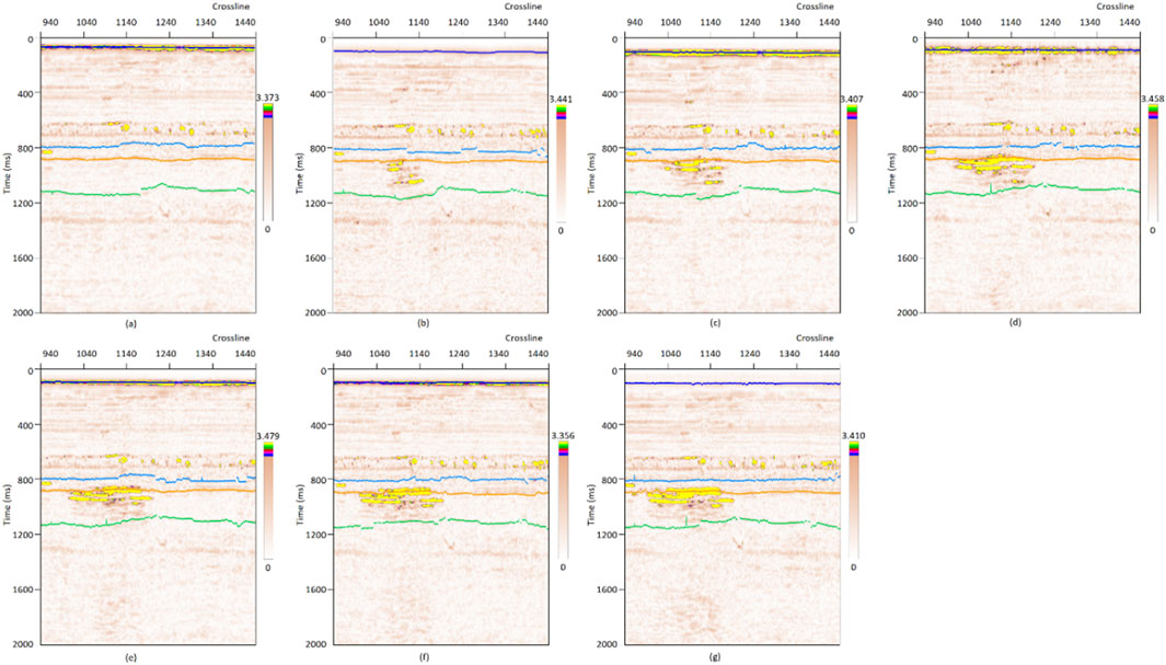 Seismic cross-section diagrams labeled (a) through (g) depict various subsurface layers overlaid with contour and color-coded amplitude data. Each diagram features time along the vertical axis and crossline numbers along the horizontal axis. The panels use a color scale indicating amplitudes, with detailed variations in the sediment layers.