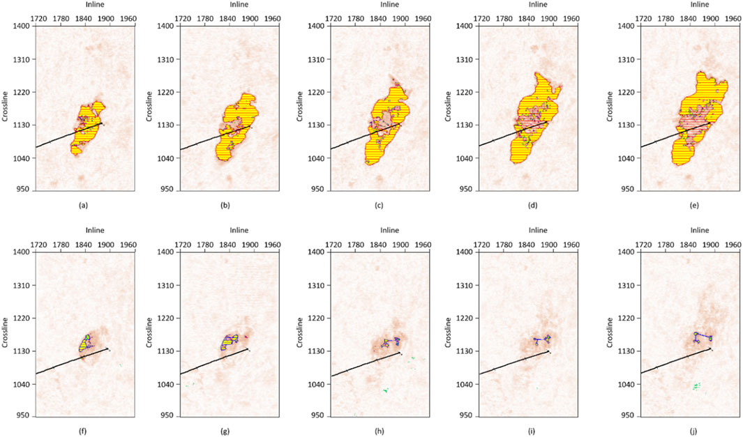 Ten panels labeled (a) to (j) show seismic data with overlays. Each panel contains a grid with crossline and inline axes from 1720 to 1960 and 950 to 1400 respectively. Panels (a) to (e) display a prominent yellow region with varying patterns and outlines, whereas panels (f) to (j) show smaller, diminishing yellow areas and blue outlines. The images illustrate changes in data interpretation or modeling.