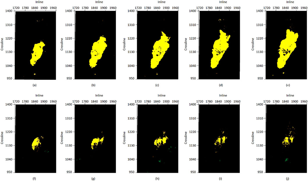Ten panels labeled (a) to (j) show seismic data representations with inline and crossline axes. Each panel displays varying sizes and shapes of yellow regions on a black background, indicating geological features. Panels (a) to (e) have larger yellow regions compared to panels (f) to (j), which show smaller and fewer yellow areas, with some green spots present.
