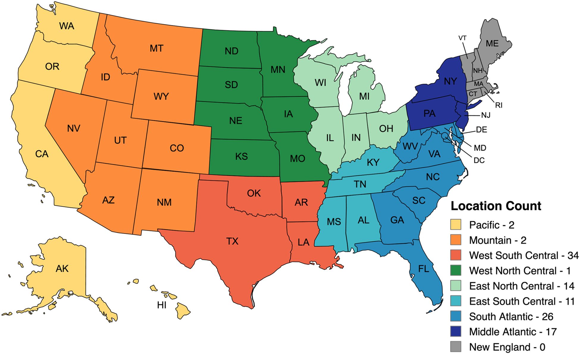 Map of the United States divided into regions, each colored differently. Includes Pacific, Mountain, West South Central, West North Central, East North Central, East South Central, South Atlantic, Middle Atlantic, and New England. Location counts are listed with values ranging from zero to thirty-four.