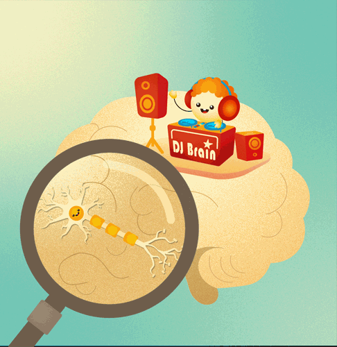 Illustration of a brain containing a cartoon DJ character. The DJ wears headphones and stands at a DJ booth labeled “DJ Brain”. Below it, a magnifying glass zooms in on a part of the brain and shows a neuron.