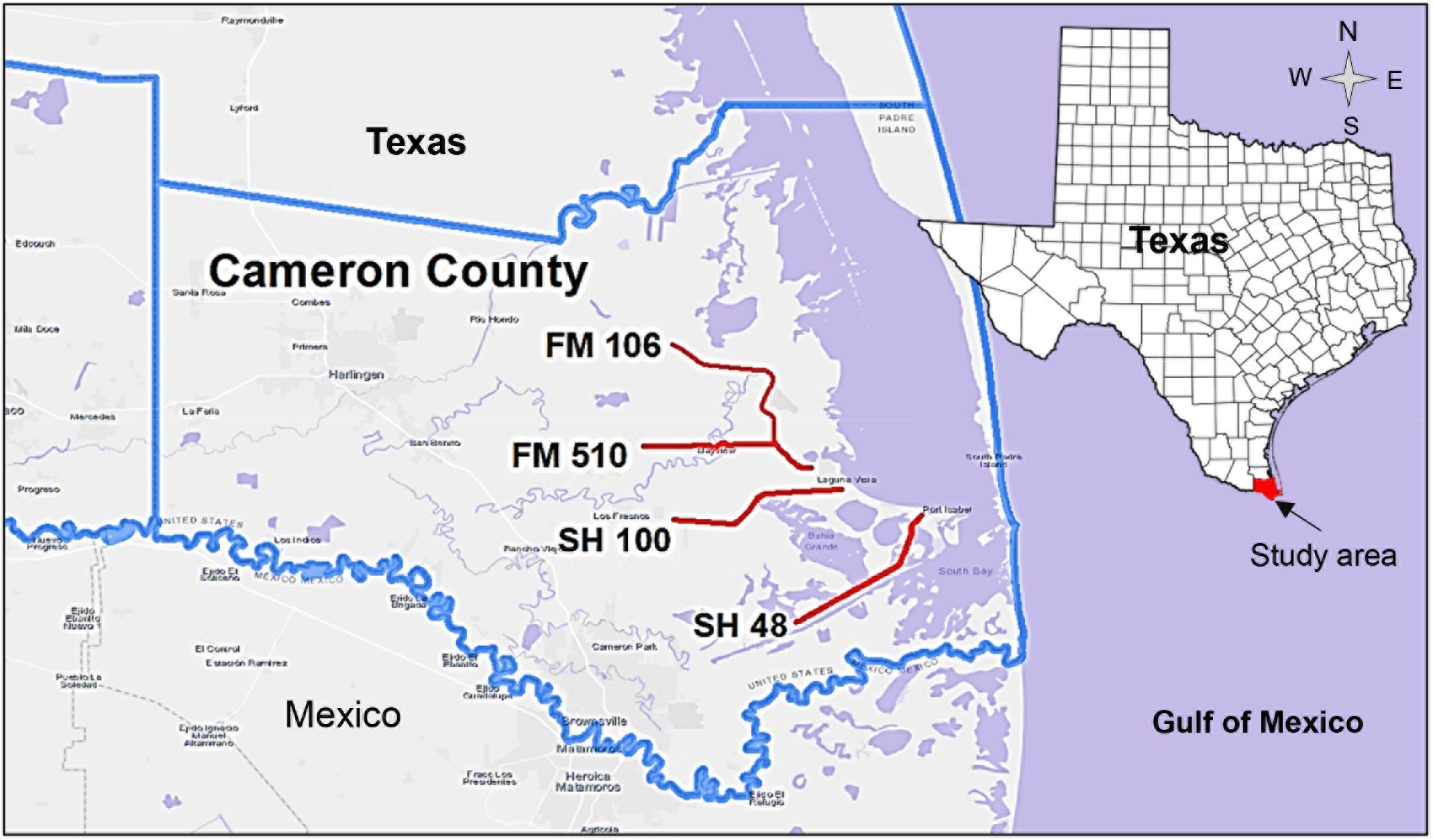A map outlines Cameron County in Texas, bordered by Mexico to the south and the Gulf of Mexico to the southeast. Major roadways are indicated, including FM 106, FM 510, SH 100, and SH 48, marked in red, with FM 106 branching off toward the north. A blue line represents the U.S.-Mexico border, while significant neighboring cities such as Harlingen and Brownsville are included. The study area is highlighted near the Gulf of Mexico, with an inset map of Texas showing the county's location. The layout conveys geographical boundaries and transportation routes within the region.