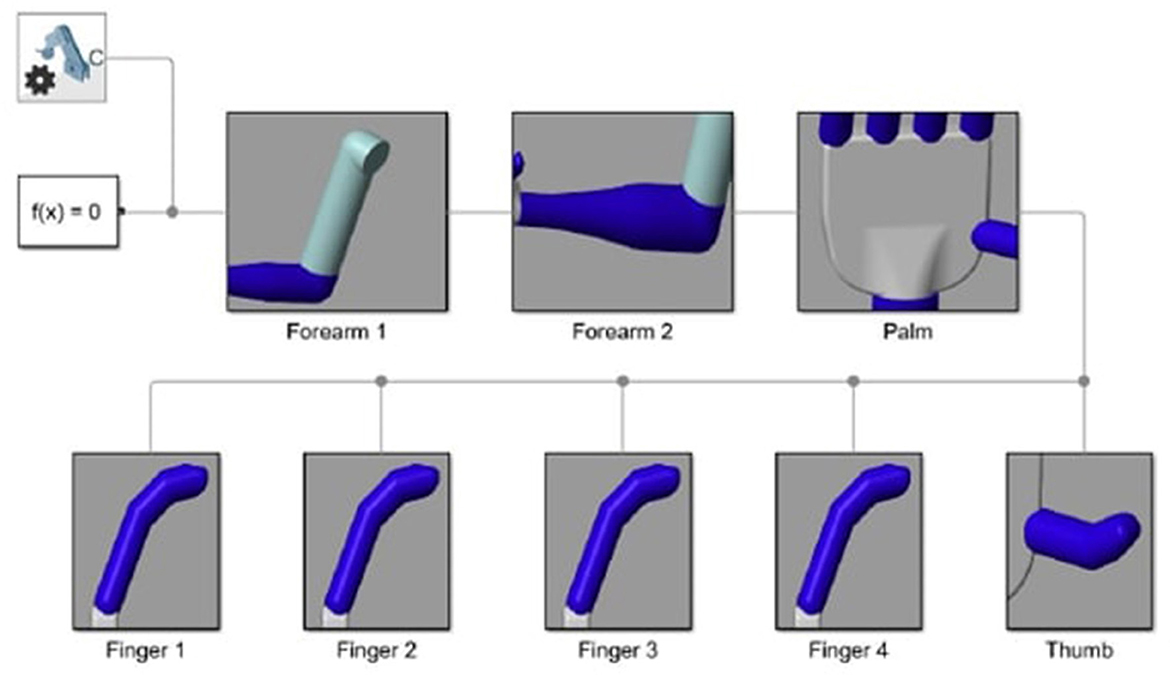 Diagram showing a schematic of a robotic or prosthetic arm with labeled sections. It includes “Forearm 1,” “Forearm 2,” “Palm,” and individual fingers labeled “Finger 1” through “Finger 4,” as well as “Thumb.” Each section is highlighted within its own box.
