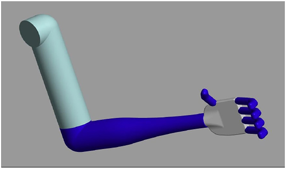 Robotic arm illustration showing a segmented structure. The upper arm is a light blue cylindrical shape, while the forearm and hand, colored in dark blue and gray, have a more complex, articulated design. The background is gray.