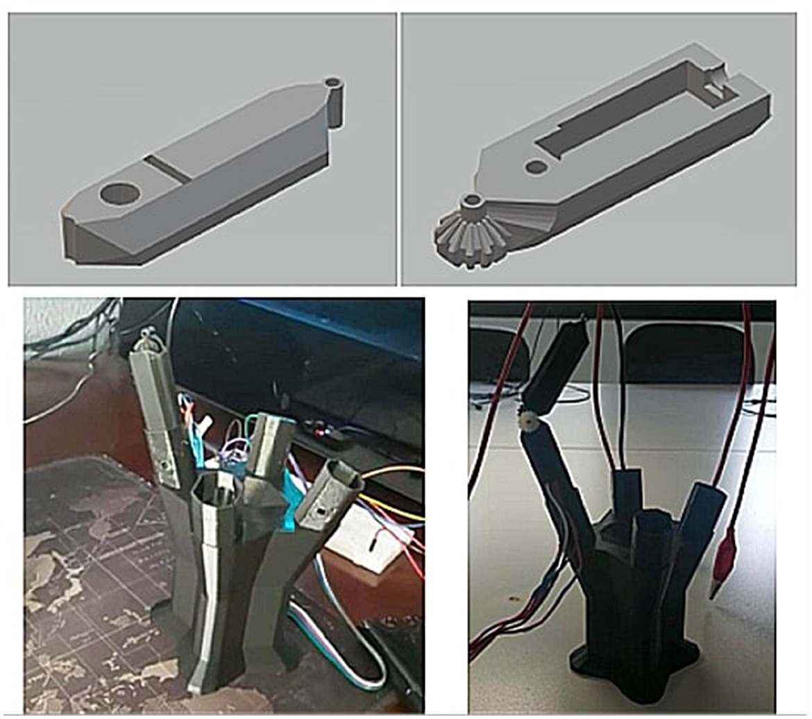 Two computer-aided design (CAD) models of mechanical components are shown at the top, featuring cylindrical and rectangular shapes with holes. Below, two photographs depict a 3D-printed mechanical structure with multiple vertical pipes and attached wiring, situated on a desk.