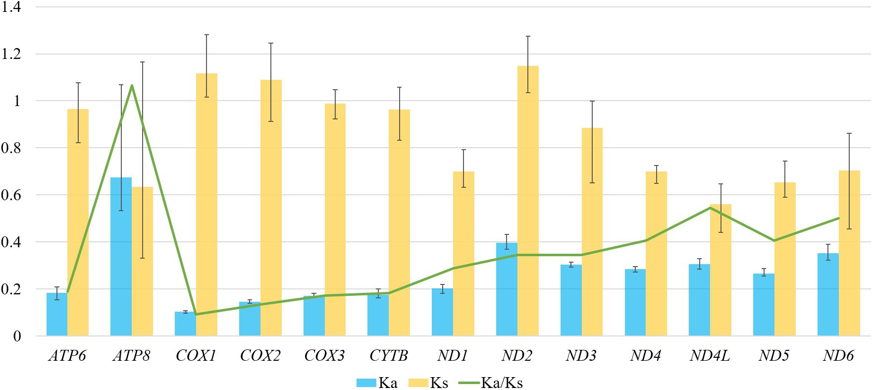 Bar graphs indicating non-synonymous substitutions rate (Ka) in blue boxes, synonymous substitutions rate (Ks) in yellow boxes, and Ka/Ks (green line) values across various genes: ATP6, ATP8, COX1, COX2, COX3, CYTB, ND1, ND2, ND3, ND4, ND4L, ND5, and ND6.