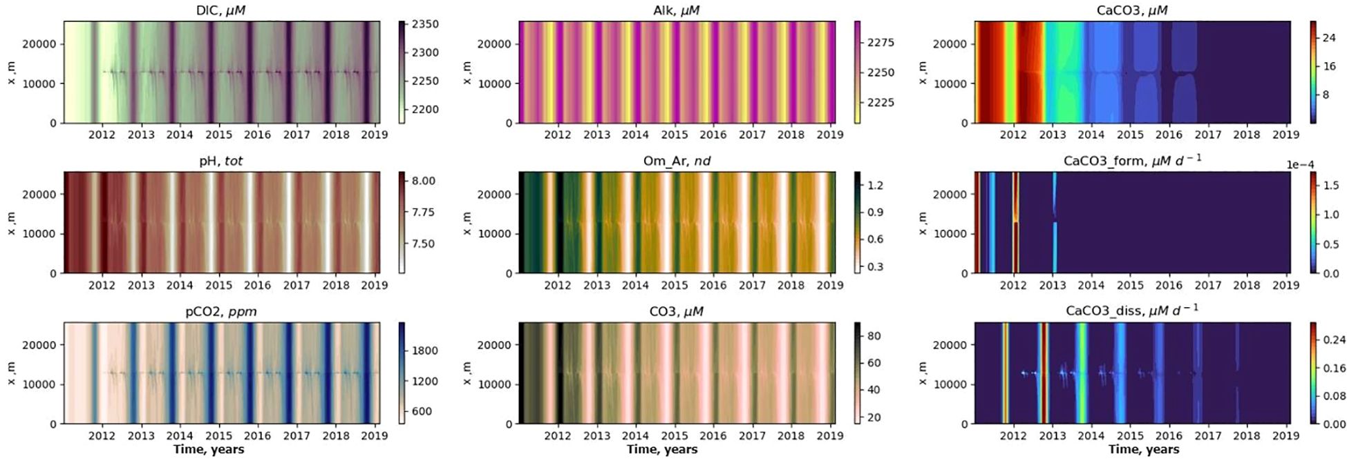 Nine colored heatmaps show changes over time from 2012 to 2019 along the y-axis labeled x, m. Each map is titled: DIC (micromolar), Alk (micromolar), CaCO3 (micromolar), pH, Om_Ar (nd), CaCO3_form (micromolar per day), pCO2 (parts per million), CO3 (micromolar), and CaCO3_diss (micromolar per day). Color scales on each map represent varying data values, with distinct patterns indicating variations.