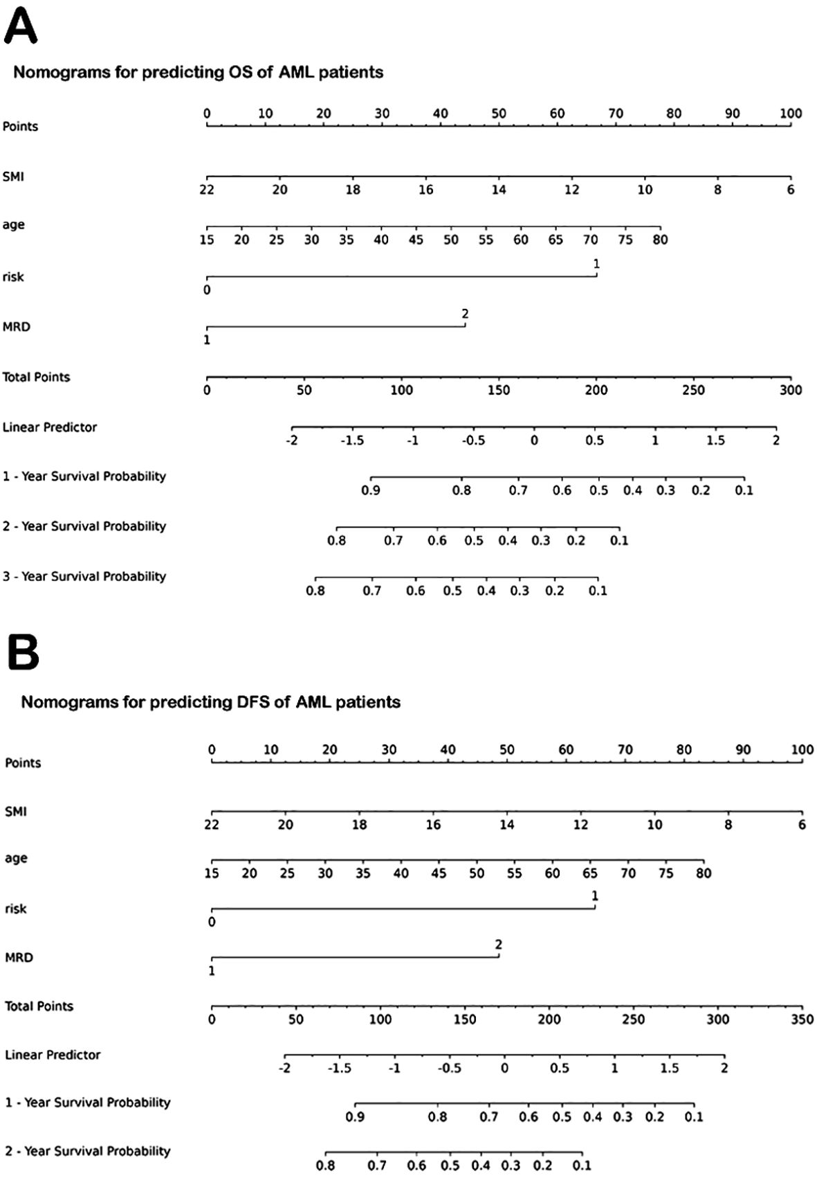 Nomograms labeled A and B for predicting outcomes in AML patients. A predicts overall survival (OS) with variables including SMI, age, risk, and MRD, indicating survival probabilities for one, two, and three years. B predicts disease-free survival (DFS) using the same variables, with probabilities for one and two years. Both nomograms use a linear predictor to obtain total points.