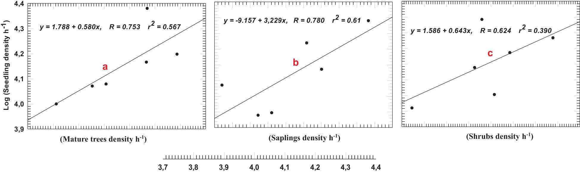 Three scatter plots labeled a, b, and c showing relationships between log-transformed seedling density and different vegetation types. Plot a shows a positive correlation with mature tree density (R = 0.753, r² = 0.567). Plot b shows a stronger positive correlation with sapling density (R = 0.780, r² = 0.61). Plot c shows a moderate positive correlation with shrub density (R = 0.624, r² = 0.390). Each plot includes a linear regression line and equation.