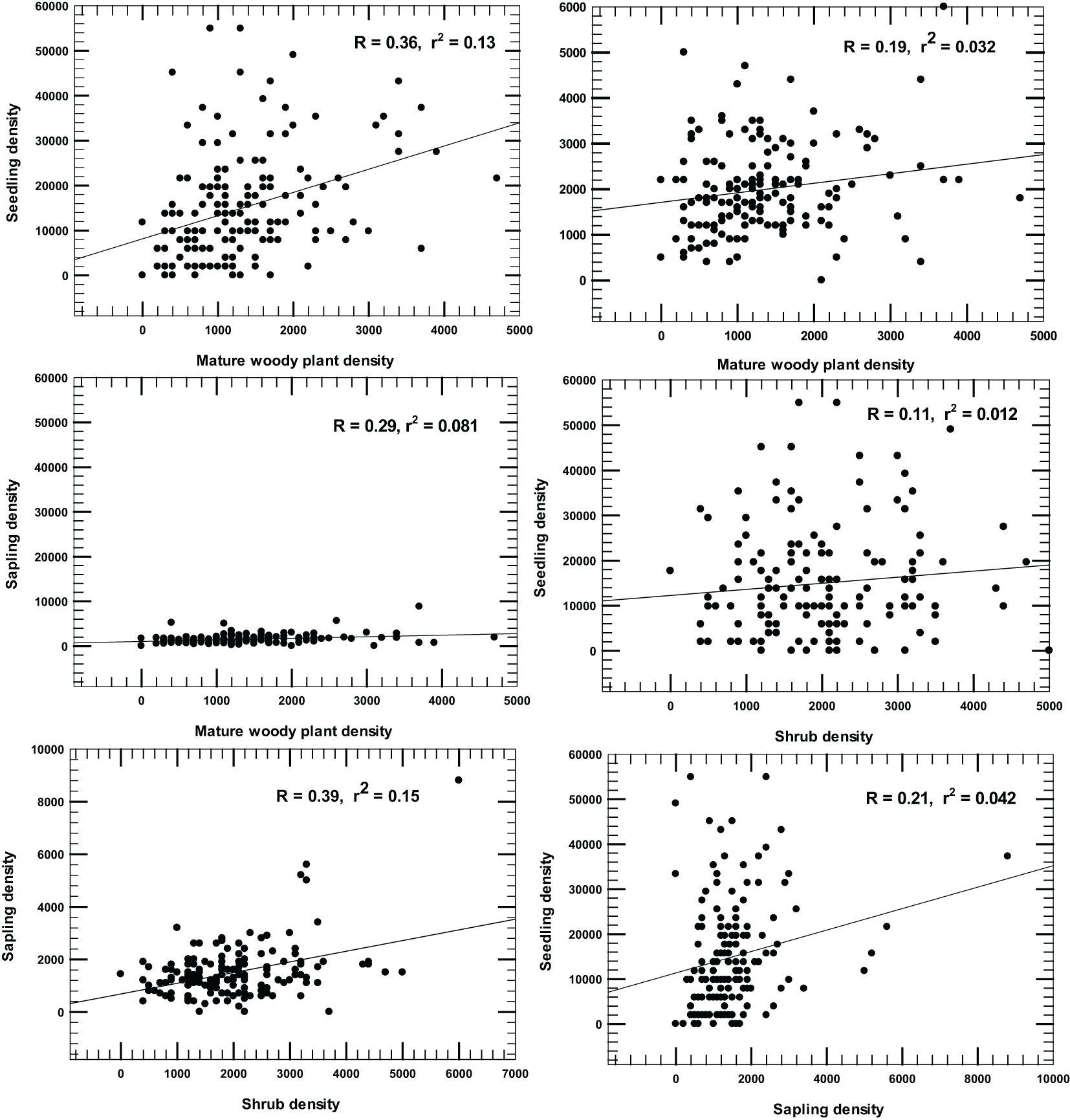 A grid of six scatter plots displaying relationships between plant density variables. Top-left shows a moderate positive correlation between seedling density and mature woody plant density (R = 0.36, r² = 0.13). Top-right shows a weak correlation between the same variables at a lower density range (R = 0.19, r² = 0.032). Middle-left displays a weak correlation between sapling density and mature woody plant density (R = 0.29, r² = 0.081), while middle-right shows a negligible correlation between seedling density and shrub density (R = 0.11, r² = 0.012). Bottom-left presents a moderate correlation between sapling and shrub density (R = 0.39, r² = 0.15). Bottom-right shows a weak correlation between seedling and sapling density (R = 0.21, r² = 0.042). All plots include regression lines.