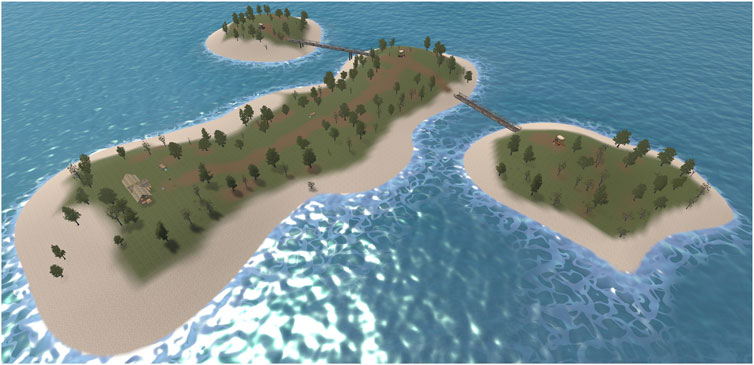 Three connected islands with sandy beaches surrounded by water, featuring trees on grassy areas. A wooden bridge links the islands. A small house and a cabin are visible.