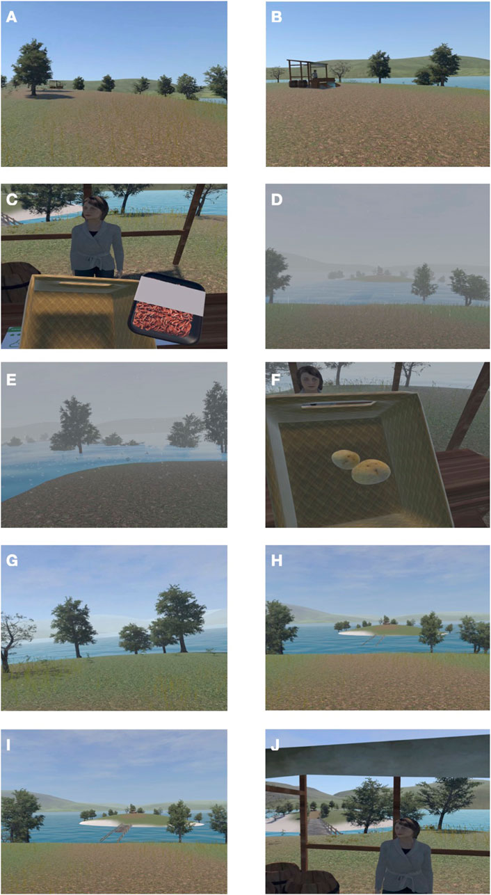 A virtual outdoor environment with labeled scenes from A to J. A: Grassy field with trees under a clear blue sky. B: Wooden structure in an open field near water. C: Person standing beside a table with a tray and container. D and E: Misty or foggy landscape with trees and water. F: Person partially visible beside a tray containing two round objects. G and H: Trees by a body of water under a partly cloudy sky. I: Grassy area leading to a body of water with a small jetty. J: Person standing under a shaded structure with a view of the water and trees in the background.
