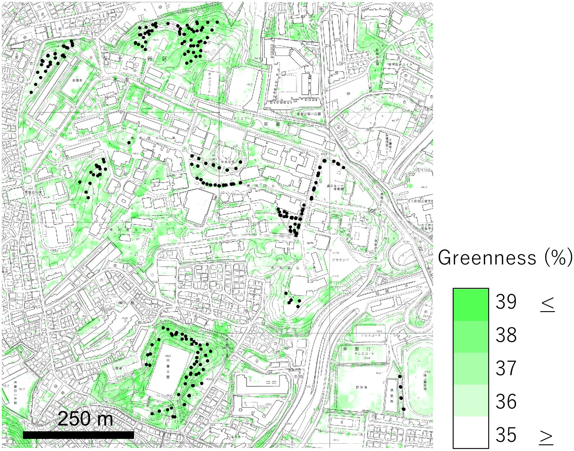Map displaying urban greenness with varying shades of green indicating different percentages, ranging from thirty-five to thirty-nine percent. Black dots highlight research plots. Includes a 250-meter scale for reference.