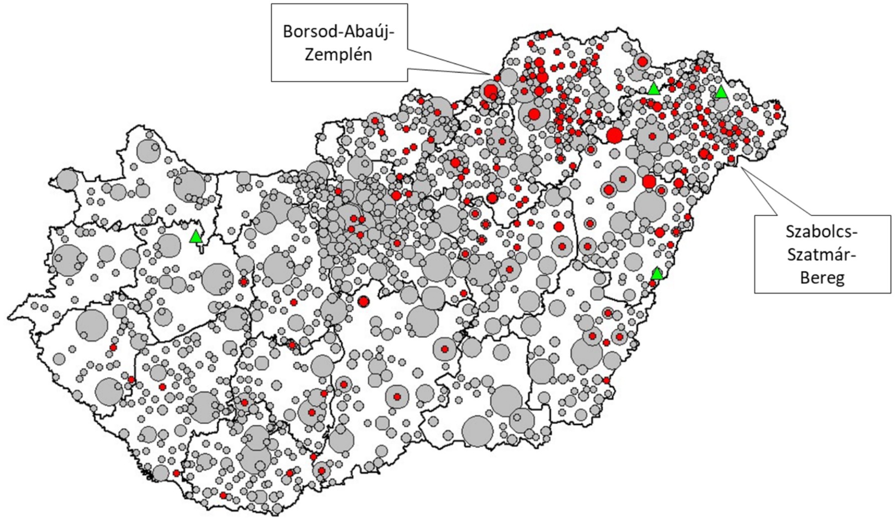 Map of Hungary showing the distribution of markers representing data points across the regions. Larger gray circles and smaller red circles indicate varying quantities. Two regions, Borsod-Abaúj-Zemplén and Szabolcs-Szatmár-Bereg, are labeled with green triangles.