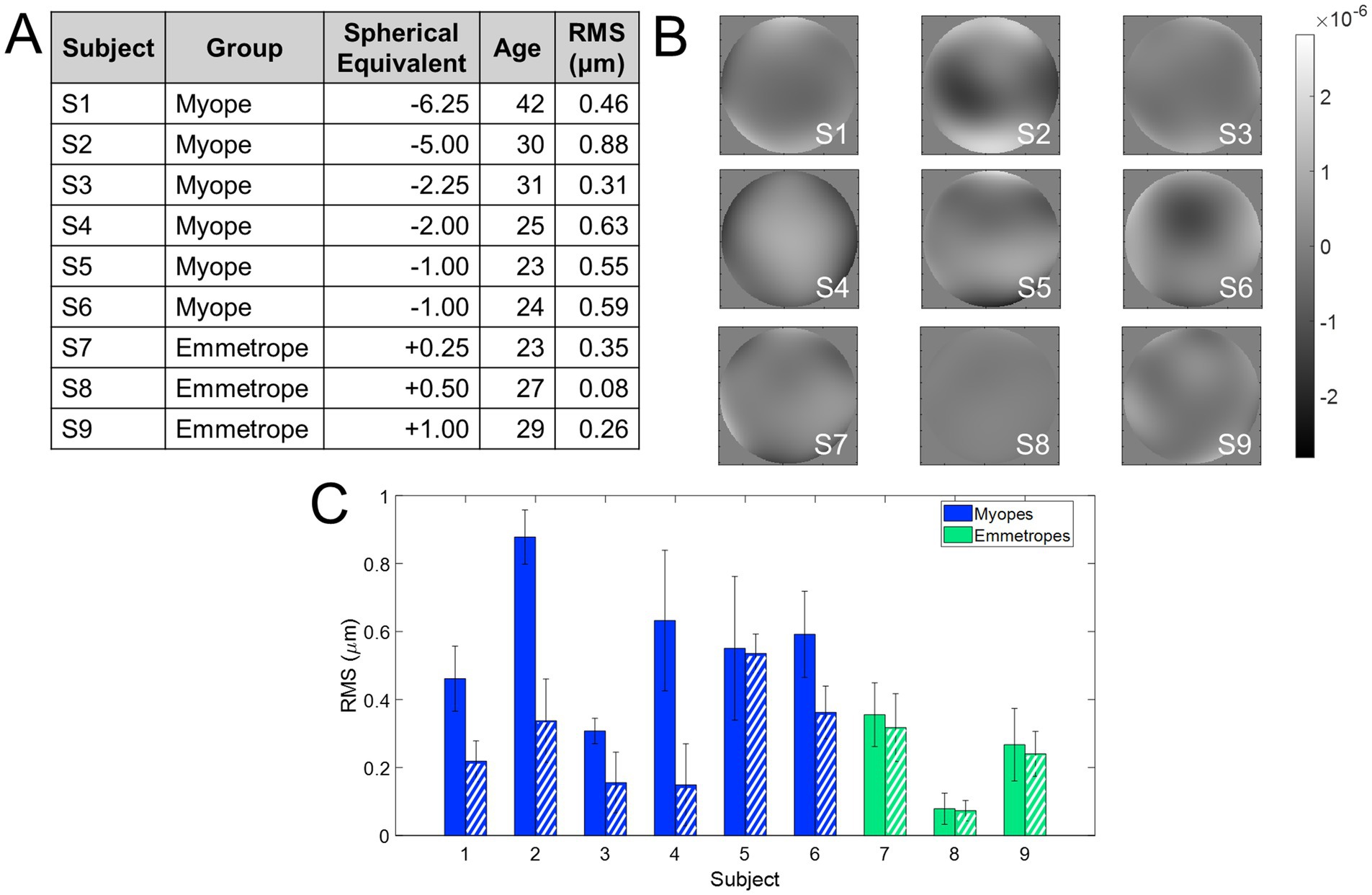 Table, grayscale images, and a bar graph illustrate data on subjects grouped as Myope or Emmetrope. The table lists subject information, including spherical equivalent, age, and RMS values. Grayscale images depict optical profiles for each subject. The bar graph compares RMS values between the Myope and Emmetrope groups, with blue bars for Myopes and green for Emmetropes.