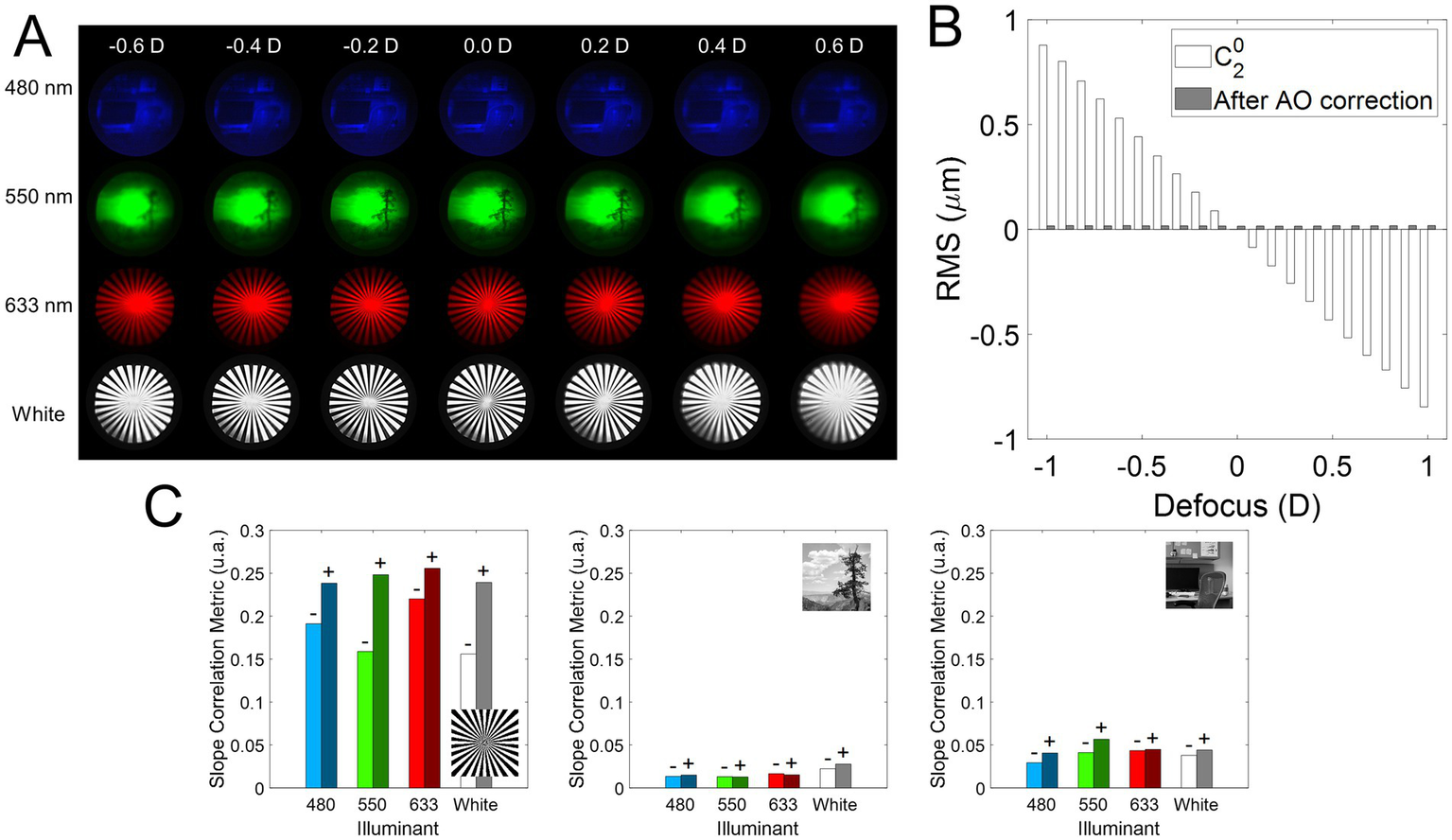 A: Set of images showing visual focus across different wavelengths (480 nm, 550 nm, 633 nm, and white) at various defocus levels. B: Graph illustrating RMS values versus defocus, comparing before and after adaptive optics correction. C: Bar charts depicting slope correlation metrics for different illuminants, with two scenarios represented by monochrome images.