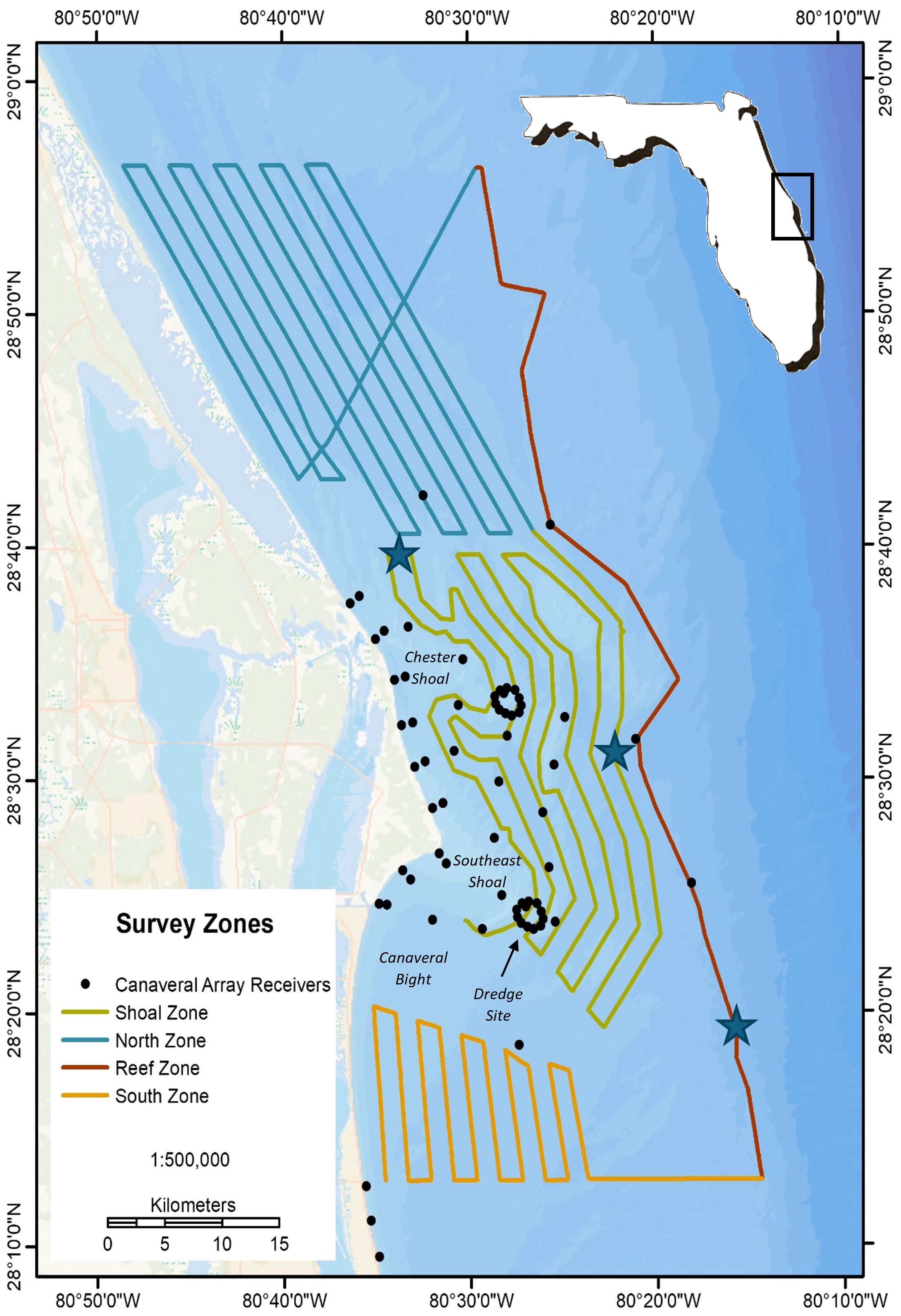 Map illustrating survey zones off the coast of Florida. Zones are color-coded: Shoal Zone (green), North Zone (blue), Reef Zone (red), and South Zone (orange). Black dots represent Canaveral Array Receivers, with notable geographic features labeled Chester Shoal and Southeast Shoal. A dredge site is marked near Canaveral Bight. The inset shows Florida's location with a highlighted survey area. Scale and legend included.