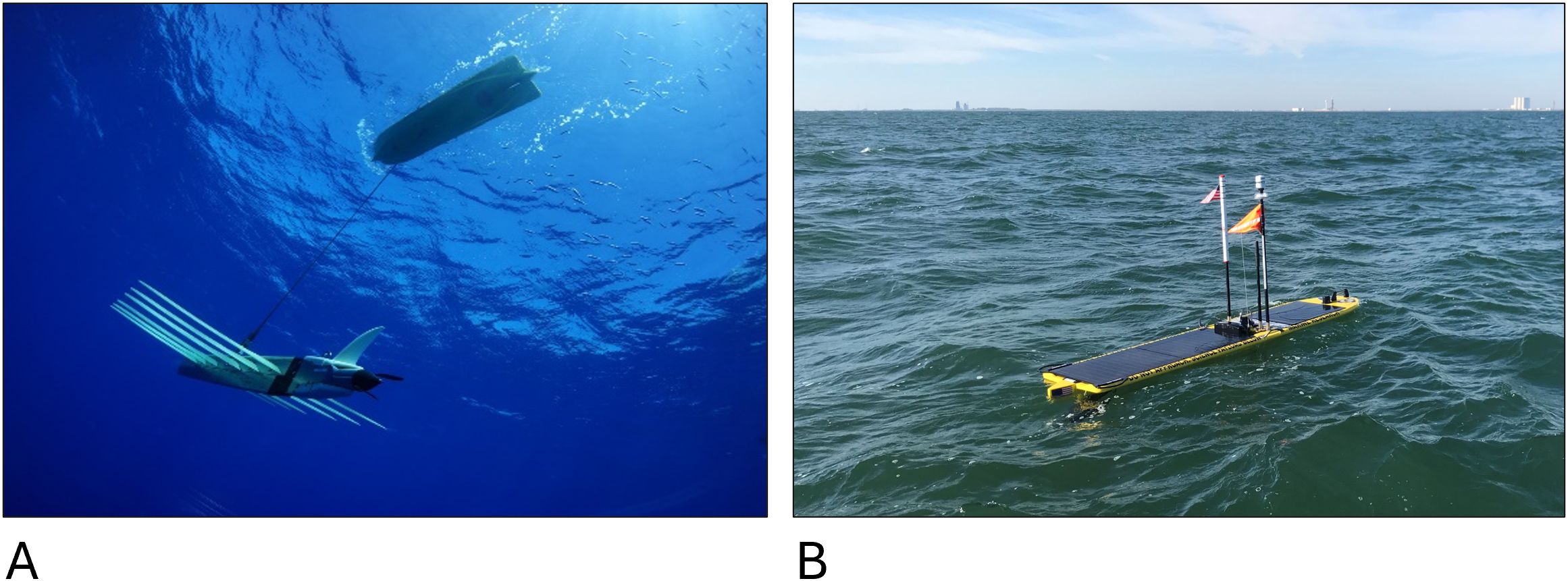 Panel A shows an underwater glider equipped with fins and a tether, moving through the ocean beneath the surface. Panel B depicts a surface buoy with solar panels and flags, floating on calm ocean water under a clear sky.